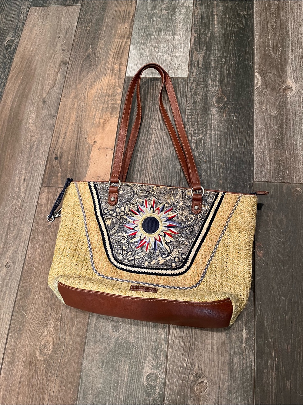 Sakroots Straw Tote Bag Medium Blue Brown Embroidered Bag Bohemian "Meadow"